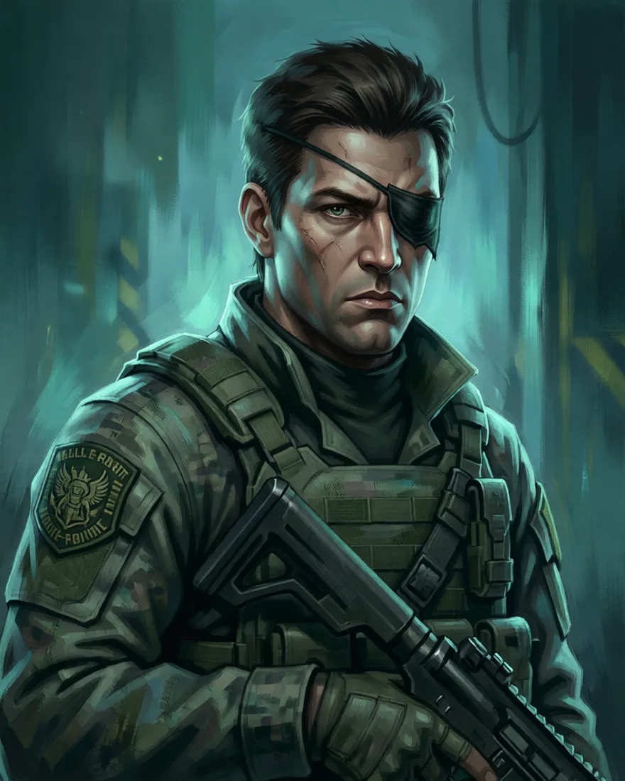 Eyepatched military commander in fatigues, MGS-style portrait