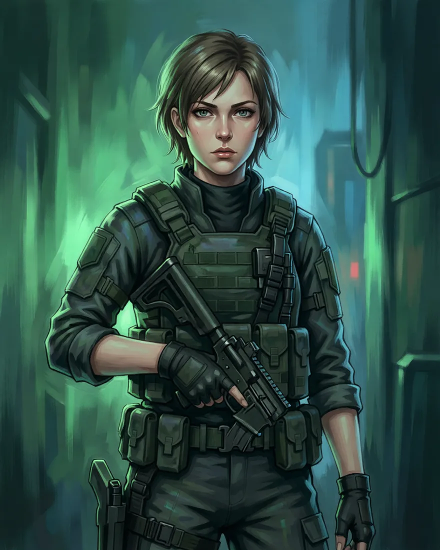Determined female soldier with red hair in tactical gear, MGS-style portrait