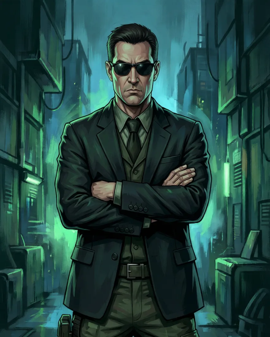 Sharp-dressed military advisor with sunglasses, MGS-style portrait