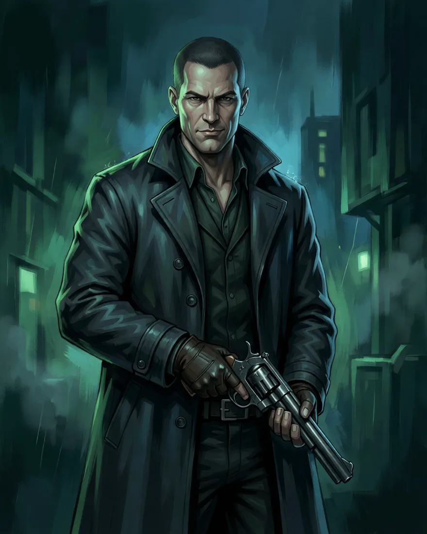 Gunslinger in a long coat with revolvers, MGS-style portrait