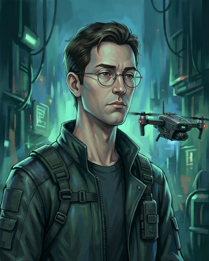 Bespectacled engineer in a lab coat, MGS-style portrait