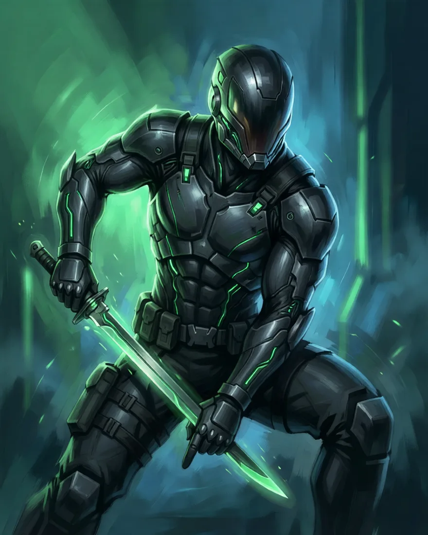Sleek white cyborg ninja with a blade, MGS-style portrait