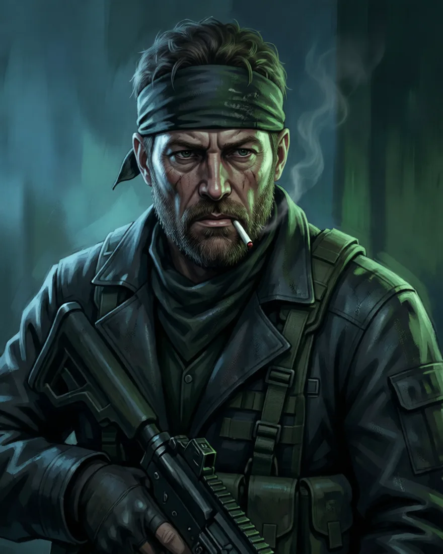 Weathered veteran soldier with a bandana, MGS-style portrait