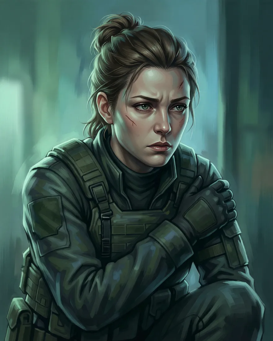 Veteran female soldier with a scar, MGS-style portrait