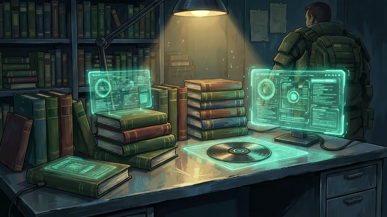 A collection of digital books, soundtrack and database screens