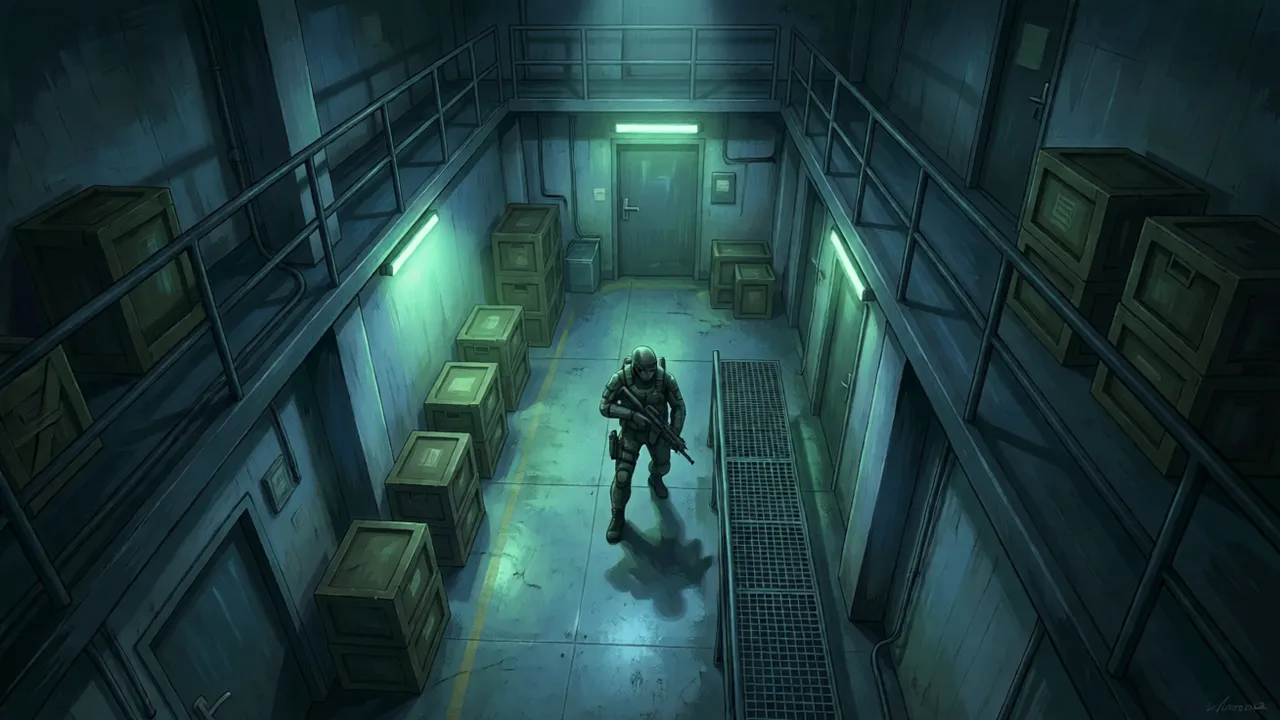 Top-down stealth corridor in a retro handheld Metal Gear style