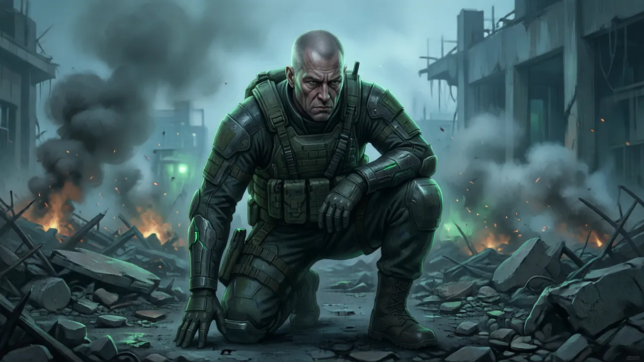 Old Snake crouched on a war-torn battlefield in Metal Gear Solid 4 style art