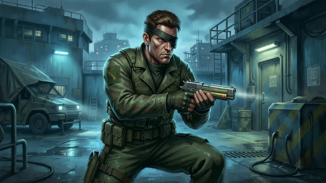 Big Boss leading soldiers near a sea-based platform, Peace Walker style art