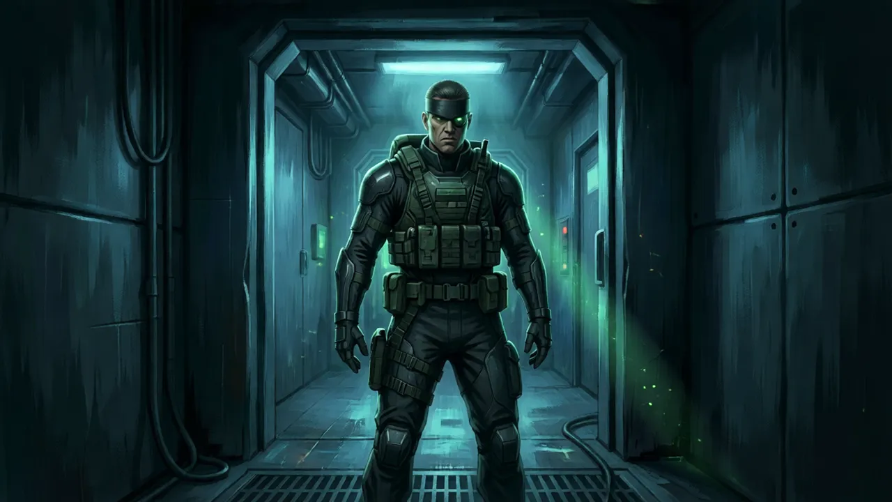 A signpost overlaid on a stealth game scene pointing the way in