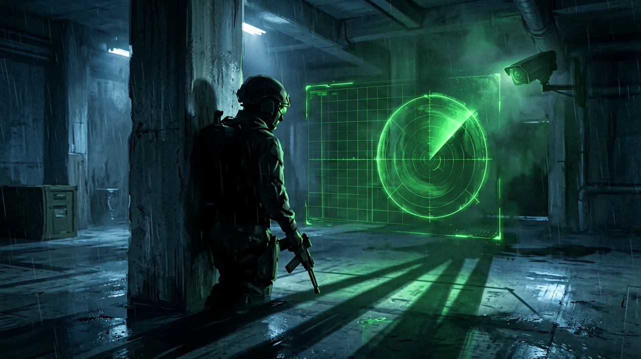 Silhouette of a tactical operative hiding in a warehouse with a glowing green radar HUD overlay.
