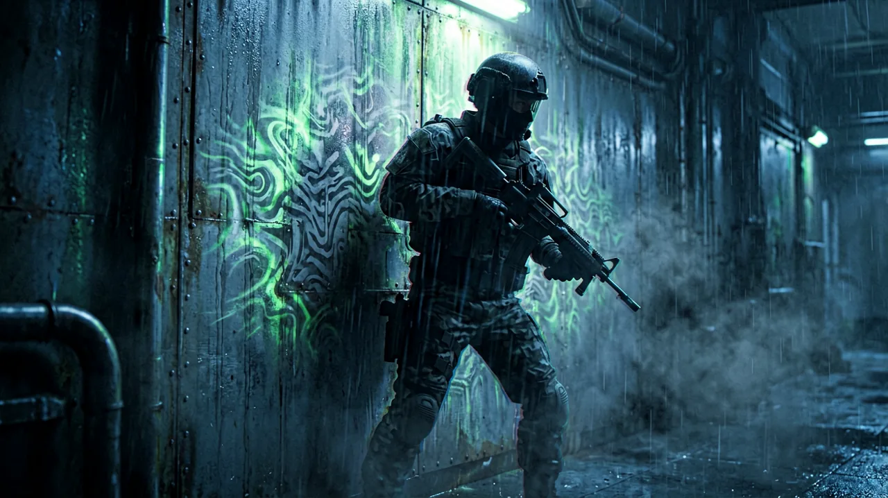 A silhouette of a stealth operative blending into a metallic wall using advanced adaptive camouflage patterns, cast in cold blue and shadows with subtle optical distortion effects, showcasing a tense infiltration scene.