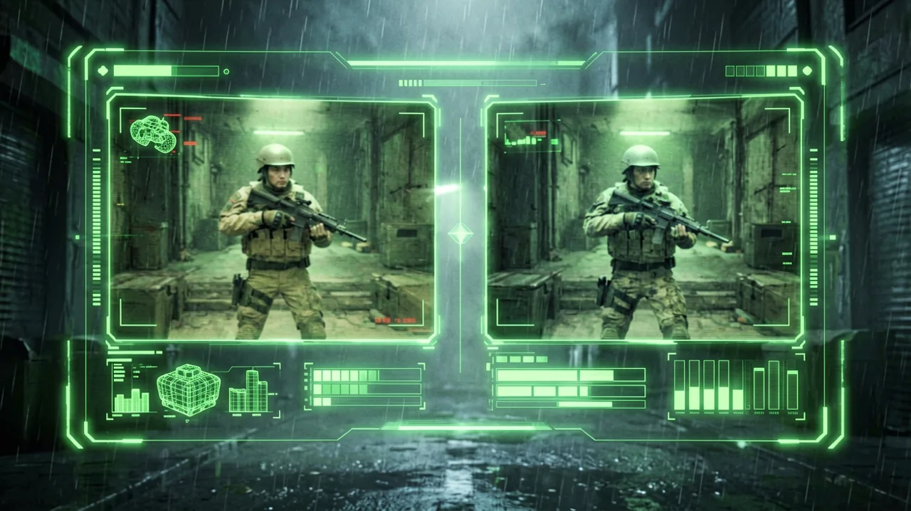 A glowing green HUD screen displaying wireframes and restoration data grids of legacy game assets.