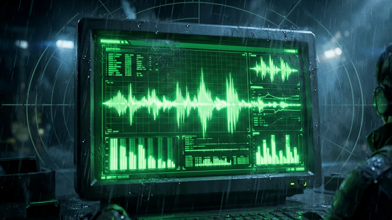 A green-tinted tactical codec communication screen displaying glowing frequency bars and digital grids, evoking espionage intelligence.