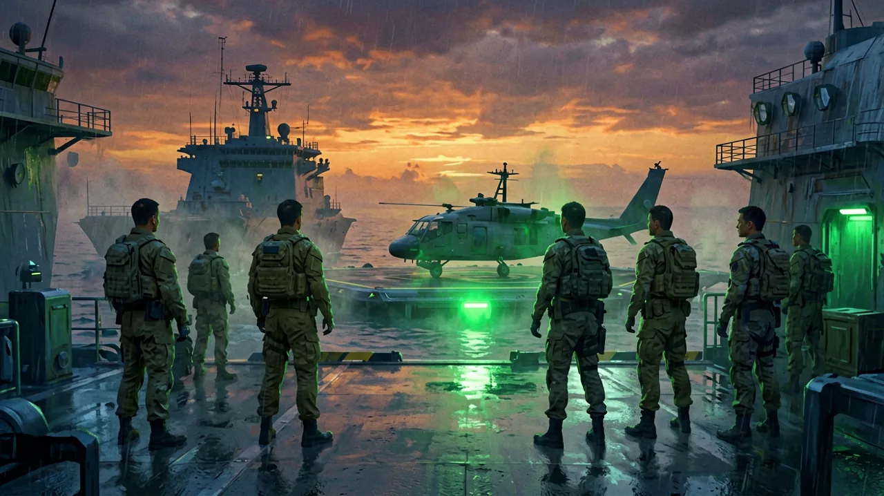 A sunset view of a tactical team assembled on an offshore command base surrounded by calm waters.