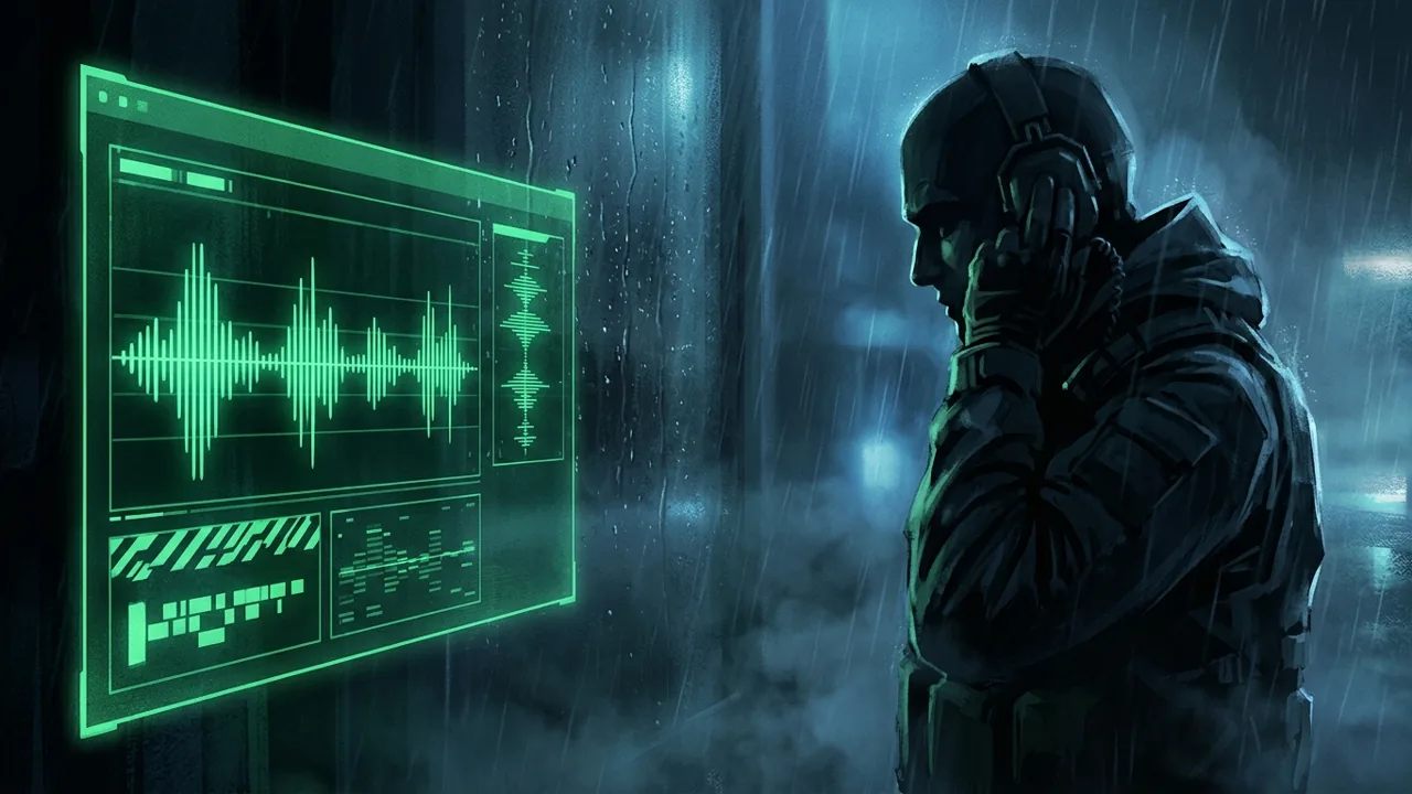 A glowing green tactical codec communication interface in the dark, displaying digital audio waveforms and a silhouette of a stealth operative listening to an earpiece transmission.
