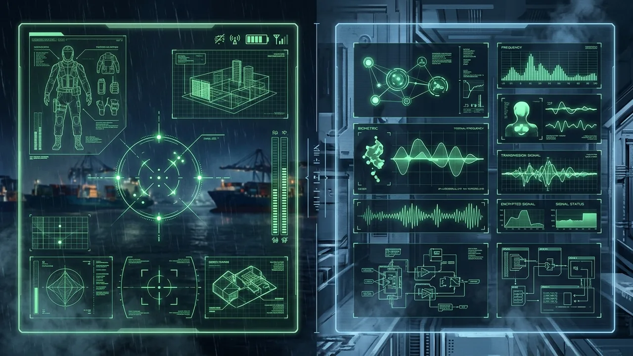 A side-by-side technical visual comparison of a stealth operative's HUD and codec interface glowing green in the dark.