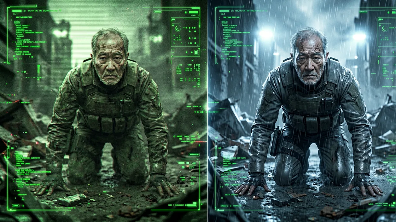 A visual comparison grid showing technical remastery of a tactical operative in a warzone.