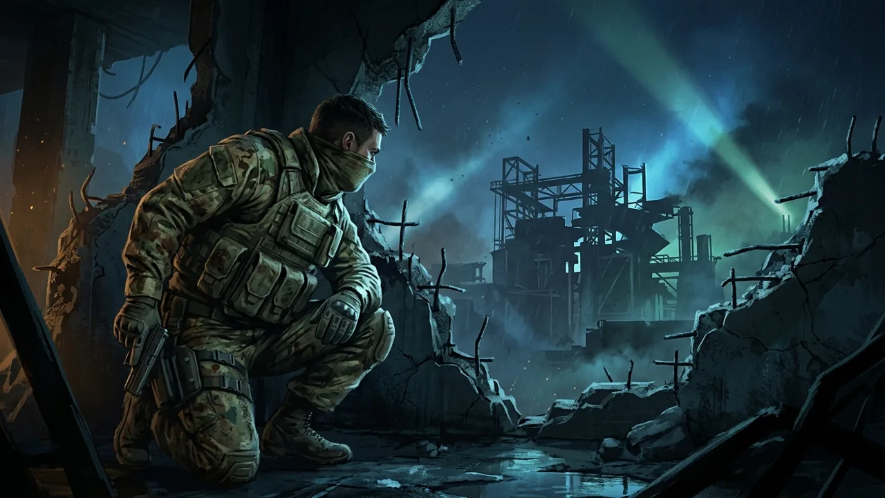 A tactical operative crouches in a ruined battlefield, illuminated by distant searchlights, preparing for a final mission.