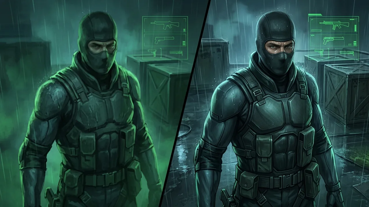 Side-by-side visual comparison grids showing a tactical operative in a high-tech sneaking suit, illuminated by codec green light.