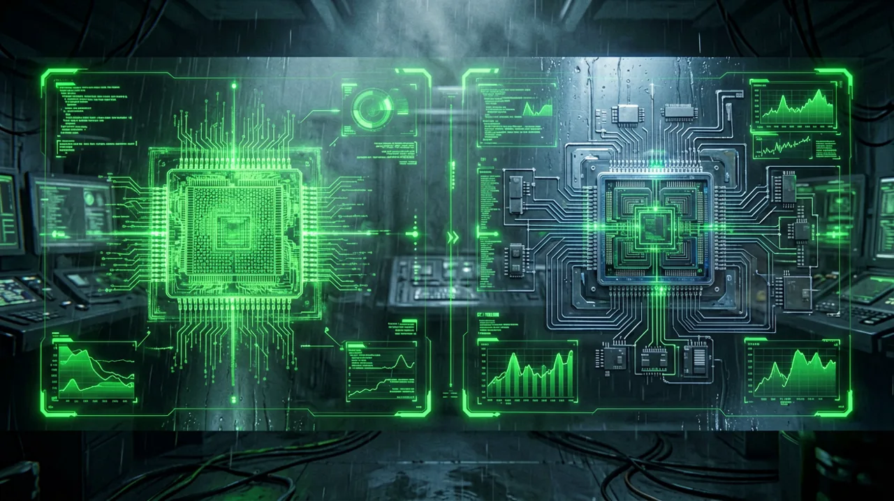 A side-by-side comparison concept showing a PS3 cell processor schematic turning into modern multi-core PC architecture, bathed in green tactical codec light.