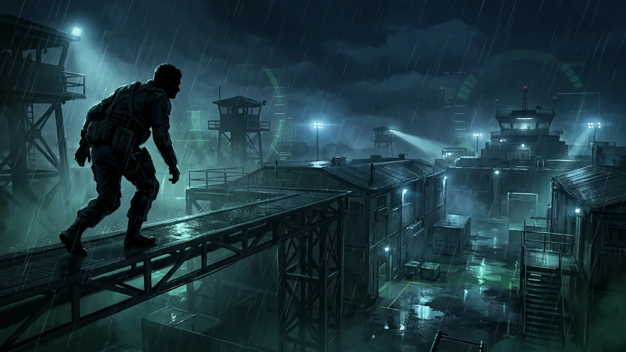A silhouetted lone operative infiltrating a rain-slicked military base at night, surrounded by subtle countdown projections and a cold, grim atmosphere.