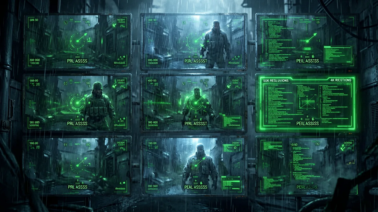 A side-by-side visual comparison motif displaying tactical HUD elements and a glowing green codec communication interface.
