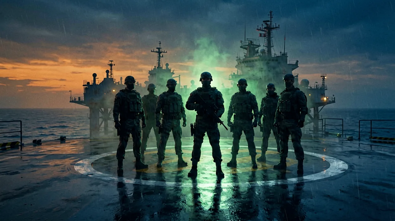 Tactical operatives standing together on an offshore platform at dusk