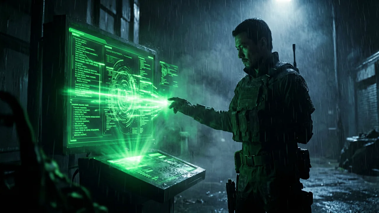 A glowing green codec communication interface projecting data in a dark environment with a stealth operative silhouette.