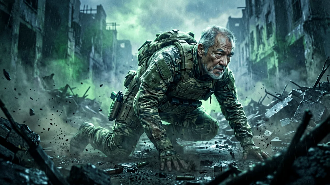An aging covert operative crawling through battlefield ruins in tactical camouflage