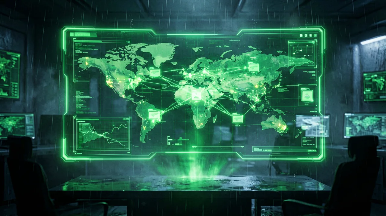 A glowing green tactical communication interface displaying interconnected data nodes and encrypted archives.
