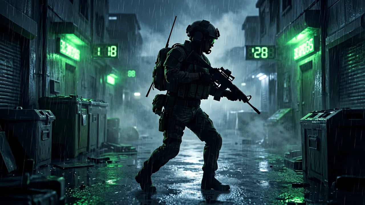 A cinematic silhouette of a tactical operative infiltrating a rain-slicked military base at night, with glowing digital countdown timers.