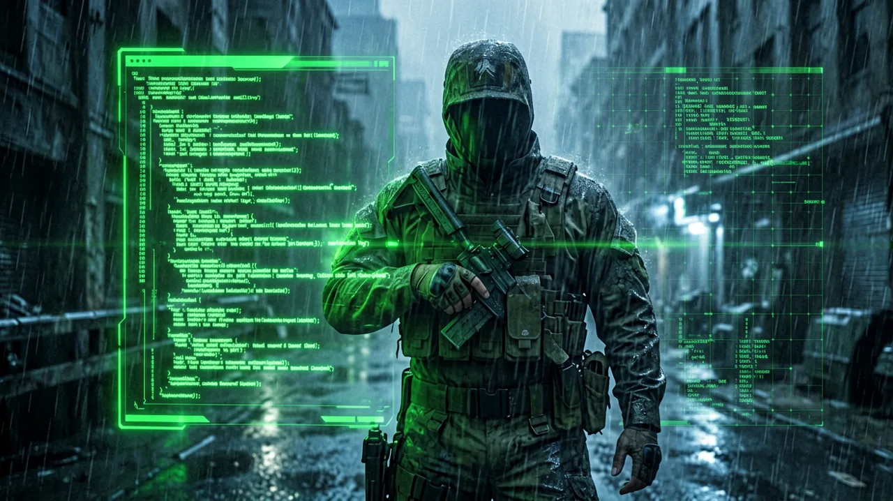 A glowing green codec communication interface and tactical UI elements overlaid on a dark infiltration scene.