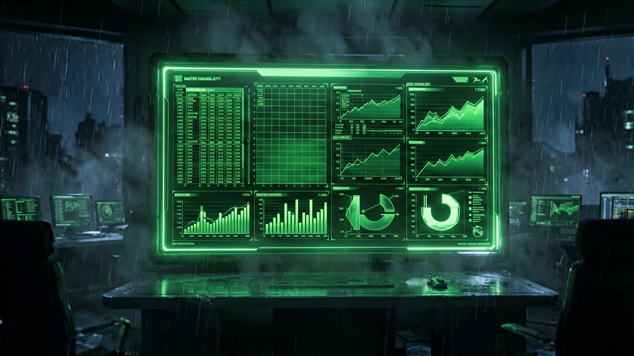 A glowing green codec data terminal displaying storage capacity charts in a dark tactical intelligence room.