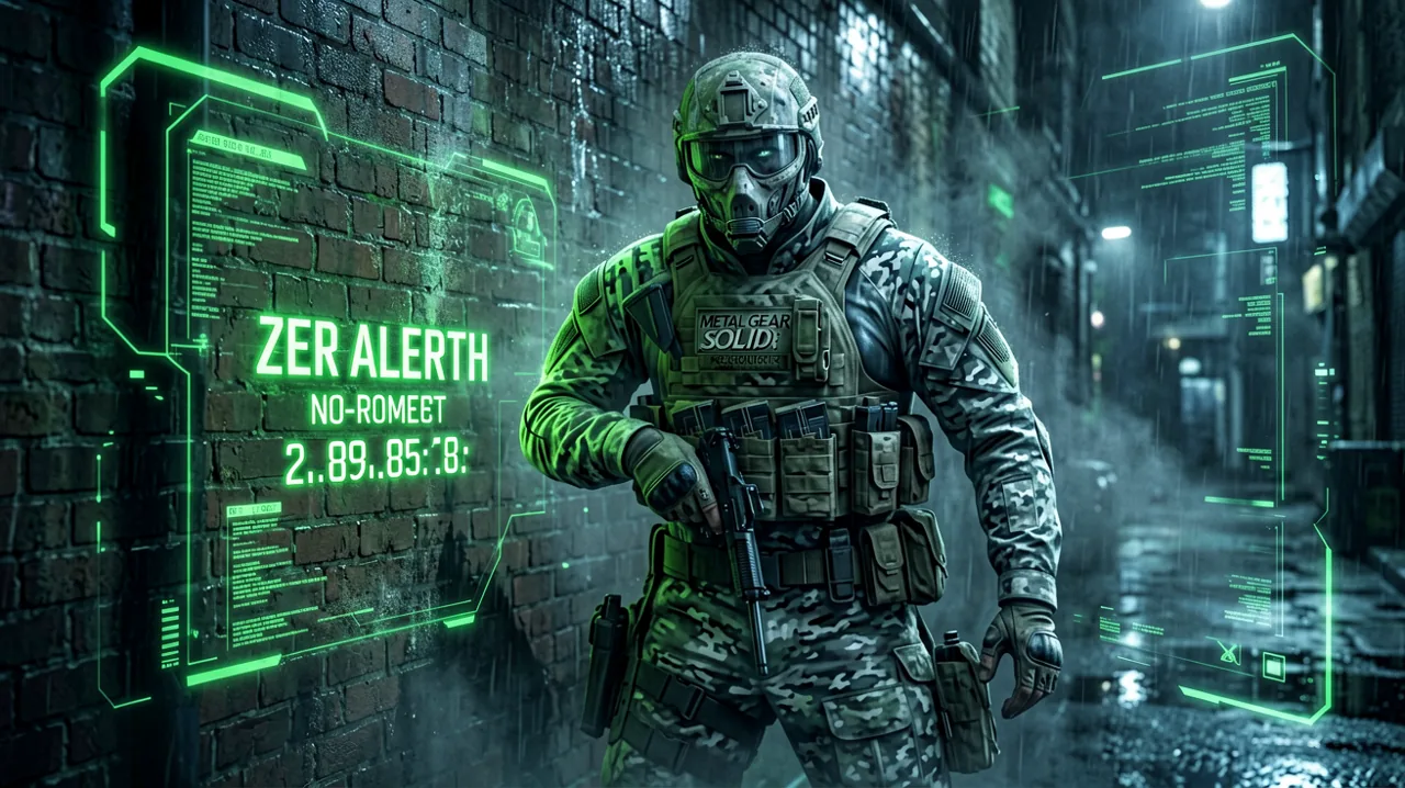 A stealth operative blending into a wall using camouflage, with a tactical ranking screen displaying zero alerts.