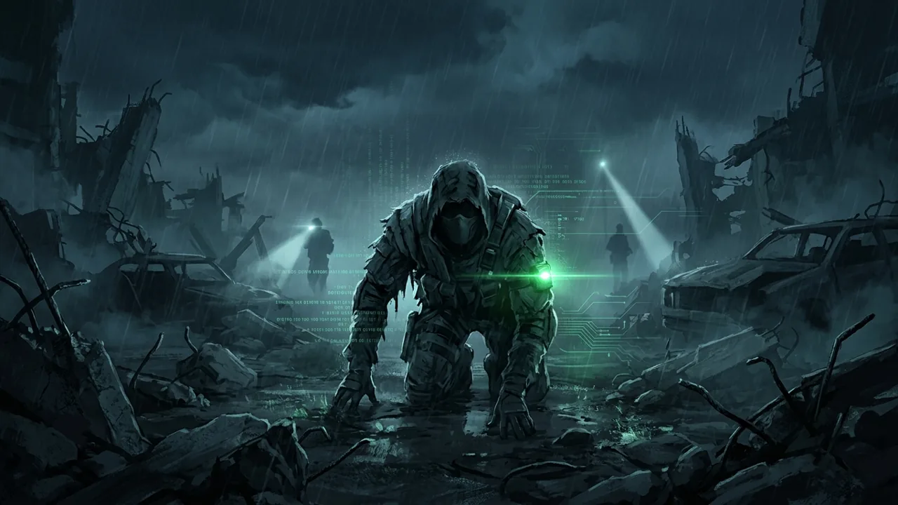 A heavily camouflaged, aging tactical stealth operative crawling through a ruined battlefield overlaid with green data streams.