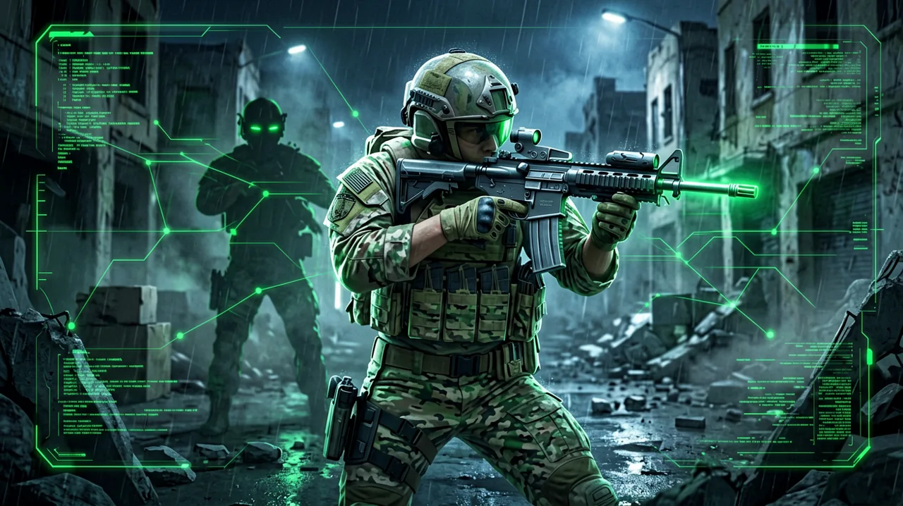 A tactical operative in a dark urban environment illuminated by green HUD elements representing the SOP network.
