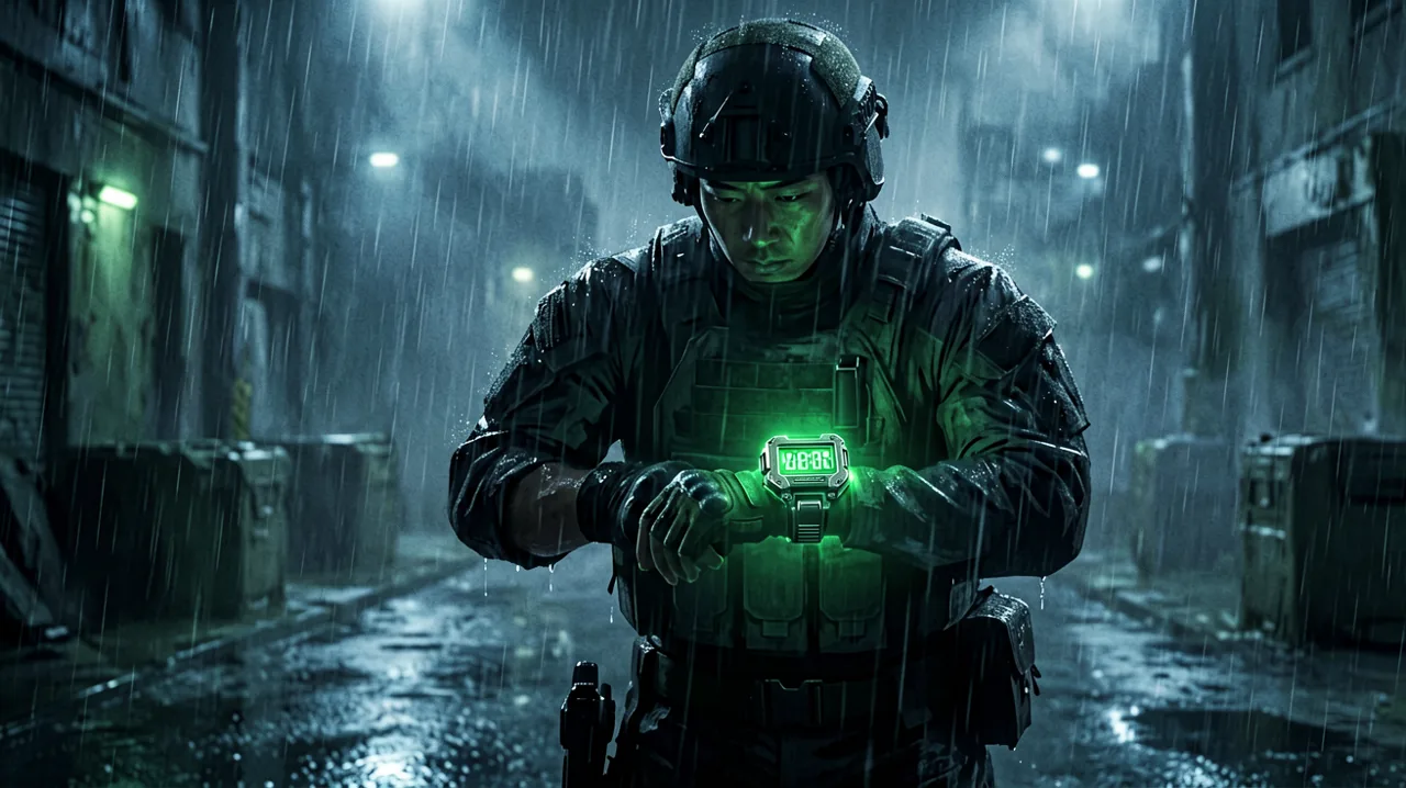 Silhouette of a tactical operative checking a digital countdown timer in a rain-slicked facility, evoking the tense wait for zero hour.