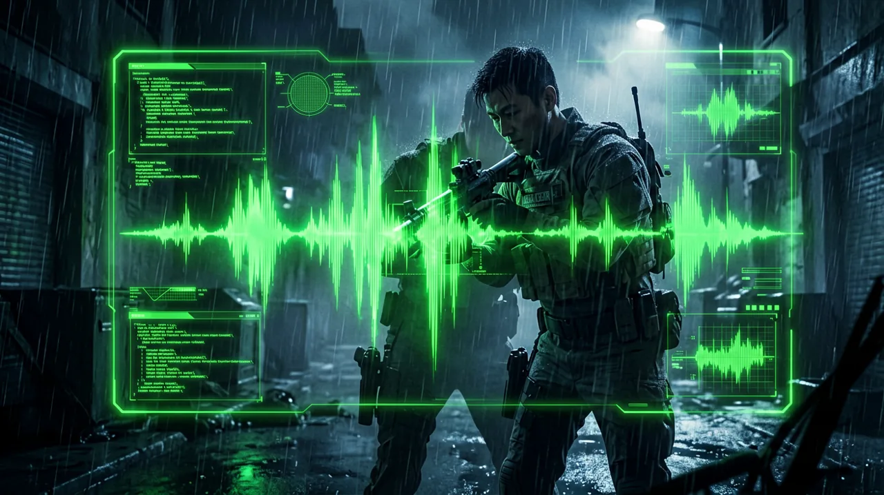 Concept art of a high-tech codec frequency interface overlaying a nighttime stealth operation