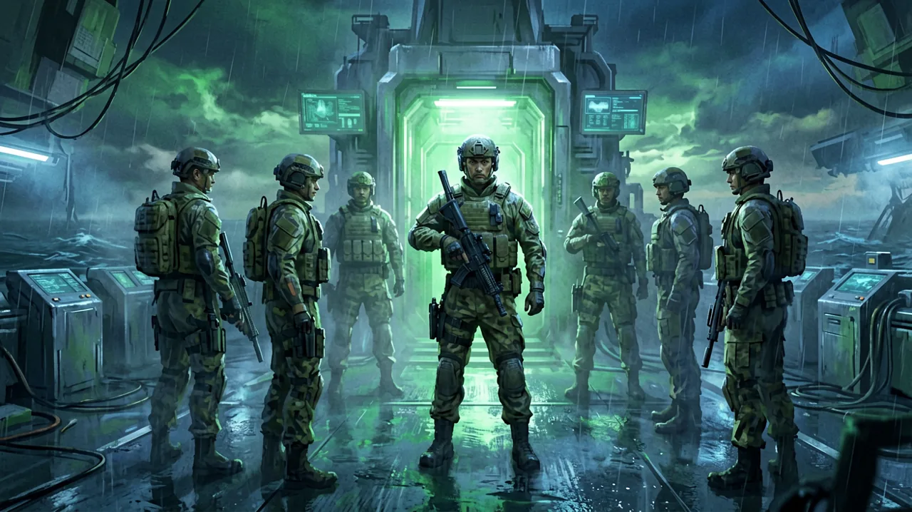 An offshore oceanic Mother Base facility at dusk, with a tactical squad of recruited soldiers gathering on the deck.