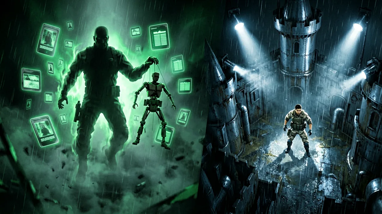 A dual-composition concept showing a glowing save data icon hovering in a dark room, juxtaposed with a retro 2D top-down infiltration scene.