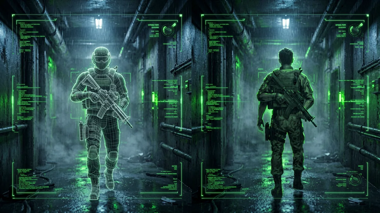 A technical split-screen view of a stealth environment emphasizing graphical benchmarking and codec UI.