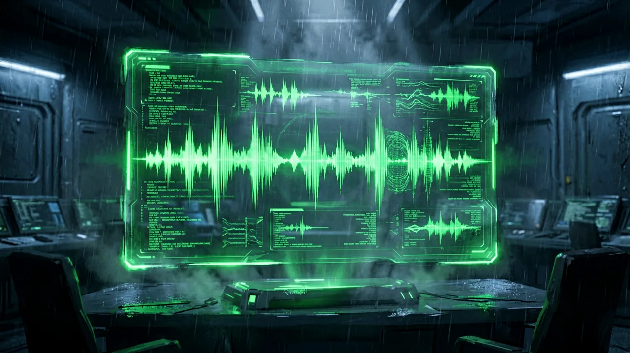 A glowing green tactical codec communication interface illuminating a dark, high-tech command center in a nocturnal espionage setting.
