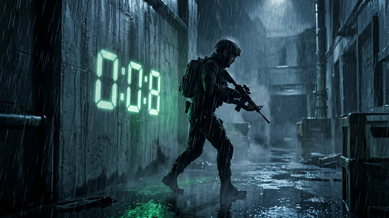A tactical operative in silhouette reviewing glowing mission intel in the rain, with a faint digital countdown timer projected on a wet concrete wall.