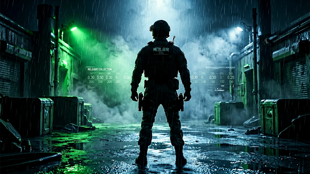 A tactical infiltrator standing in the rain outside a heavily guarded military base, illuminated by cold blue searchlights.