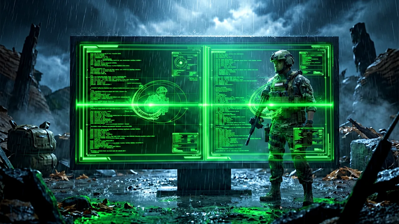 A side-by-side technical comparison grid highlighting framerate and resolution data in a cold rain-slicked industrial base.