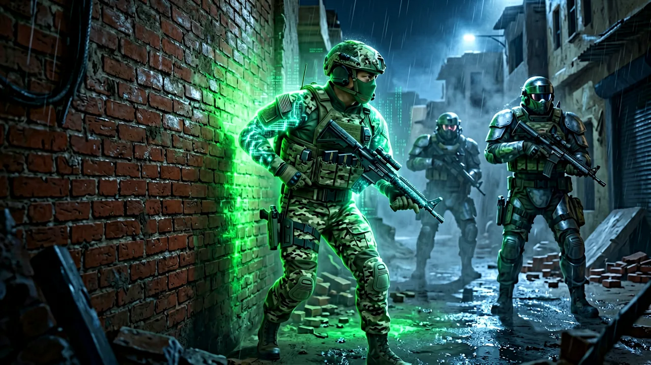 A tactical operative blending into a brick wall using advanced adaptive camouflage, glowing with a faint digital pattern.