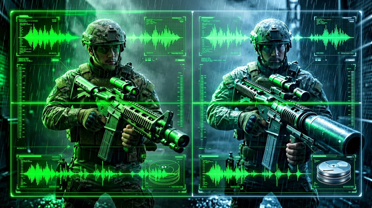 A side-by-side split view showing a glowing green codec UI and audio waveforms on one side, and a tactical assault rifle with an underbarrel shotgun on the other.