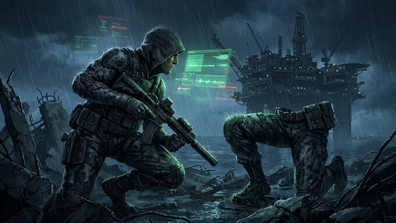 Cinematic concept art of an aging tactical operative navigating a rain-slicked battlefield while green tactical data and system error interfaces glow faintly in the foreground.