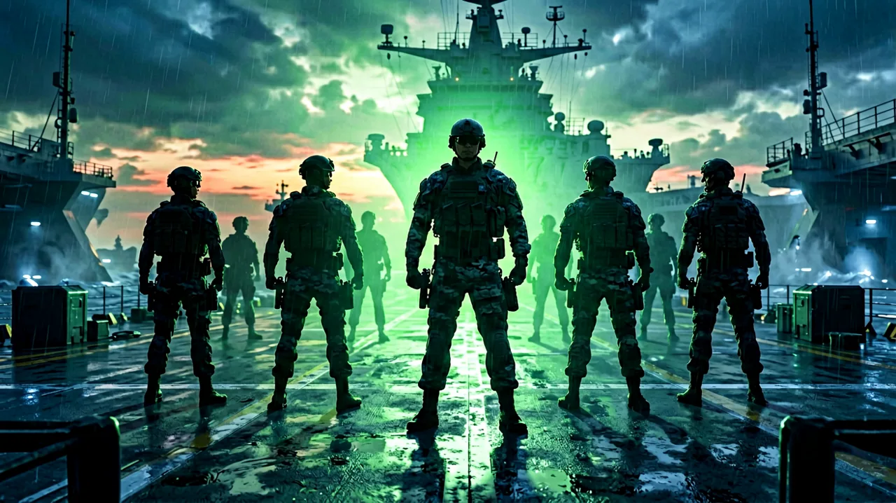 Concept art featuring a maritime offshore Mother Base facility, with a recruited squad of operatives looking out over the sea.