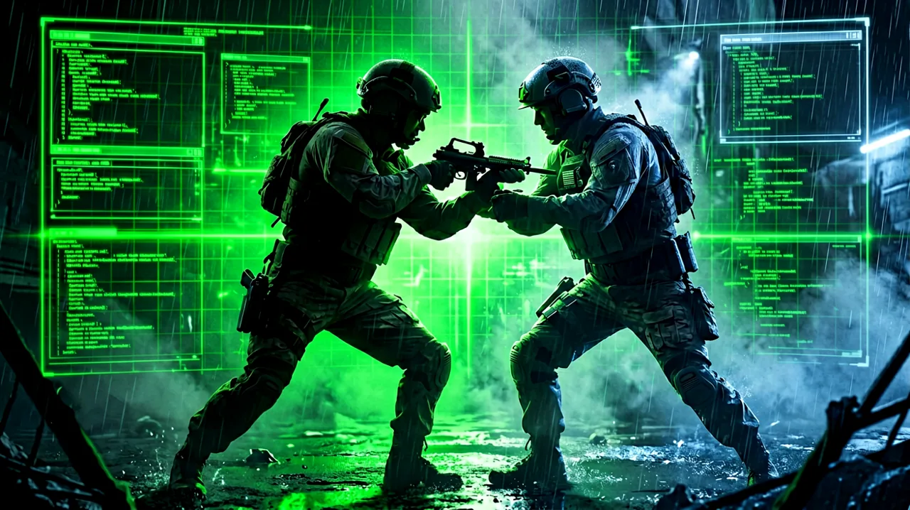 A dynamic silhouette of two operatives locked in close-quarters combat against a backdrop of glowing green tactical data grids and a retro codec communication interface.